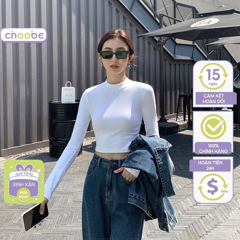 Áo croptop dài tay nữ Choobe cổ cao ôm body A76 Sơ Mi Shirt