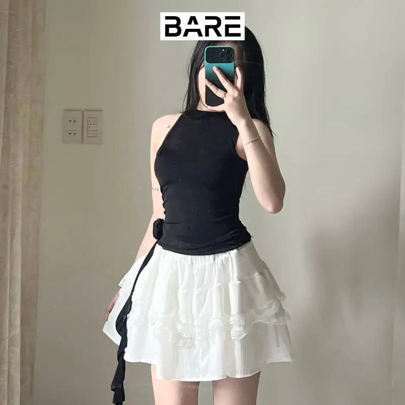 BARE.Y2K_Áo Thun Sát Nách Đính Hoa Có Lớp Lót Chất Dệt Nhũ_A275 Nữ Women Top Thun Voi Cotton Jean Cổ Tròn Ong Voan 1