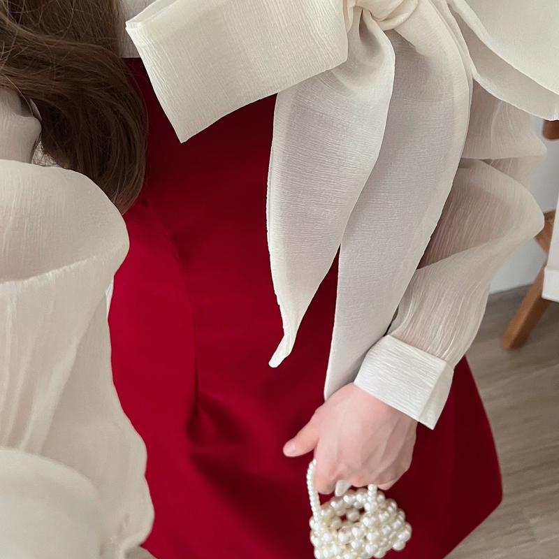 Váy nhung trễ vai buộc nơ phối tay bồng tiểu thư nữ, DILYSHOP_ V107 | BigBuy360 - bigbuy360.vn