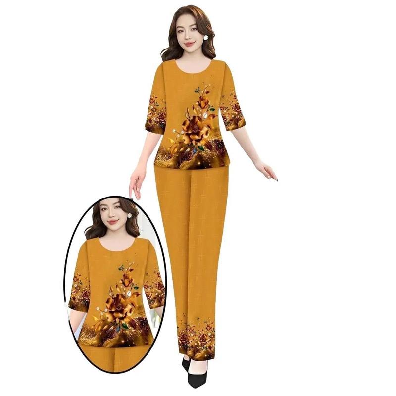 Đồ bộ lụa in hoa trung niên nữ mặc nhà tay lỡ quần dài dành cho mẹ và bà - Xưởng May SỈ Thuỳ Nguyễn - Áo Áo Quần Ngủ Women Quần Ngủ