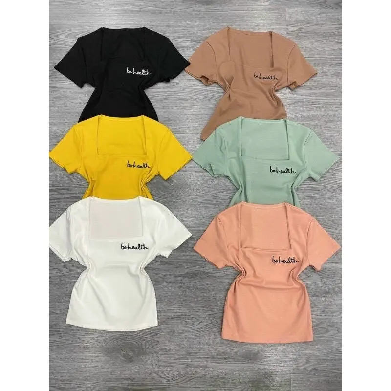 Áo thun cổ vuông tay ngắn thêu chữ, áo cổ vuông cotton thời trang nữ Top Cổ Tròn