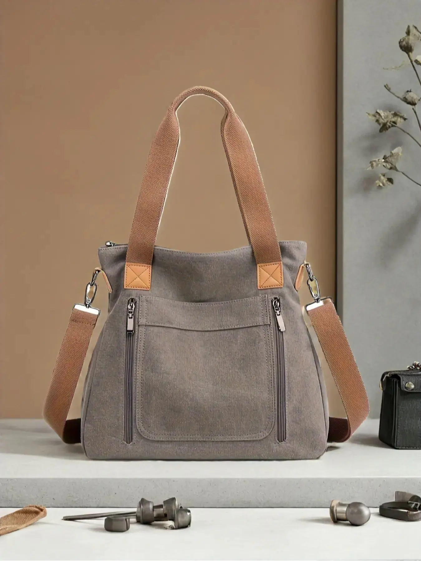 Women's Solid Canvas Purse Crossbody Bag, Fashionable Large Capacity Shoulder Bag for Daily Used, Casual Trendy Versatile High-quality Daily Commuting Bag