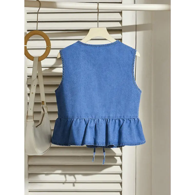 EZwear Women's Casual Denim Tie Bow Ruffle Hem Vest, Blue 1