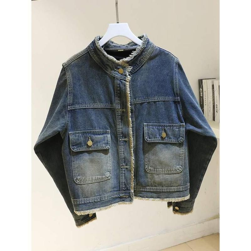 Product Introduction of Retro Fleece denim jacket for women's spring autumn new round neck versatile short casual coats Womenswear Tops 5