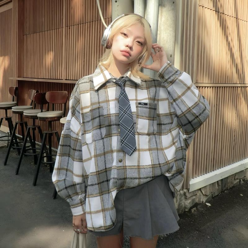 Áo sơ mi JAY FLANNEL SHIRT khoác dạ kẻ caro form rộng BOXY ngắn lửng cánh dơi cặp đôi tay dài chống nắng local brand Jaystoree Top Cổ Tròn