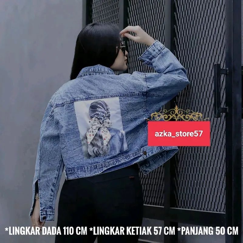 Jaket Crop Jeans Wanita Pita Belakang//Pita Emblem 3D//Jaket jeans Jumbo  Cewek  Denim Oversize Panjang Hitam Blazer 1