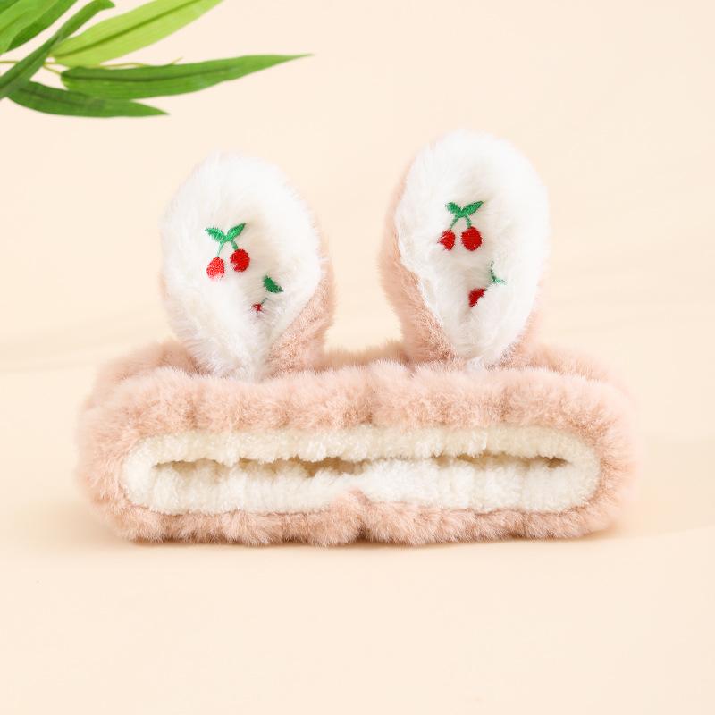 Product Introduction of Autumn and Winter New Rabbit Plush Embroidery Cherry Color Matching Hair Band Coral Velvet Cute Cartoon Face Wash Makeup Application 3