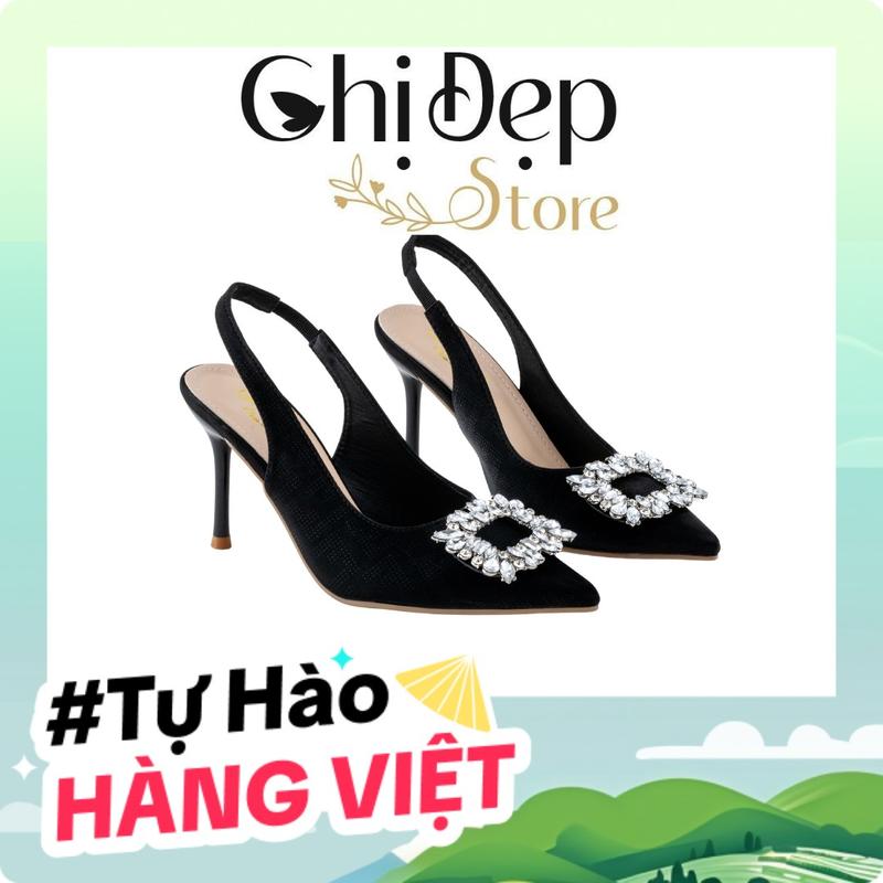 Giày Sandal Hở Gót Bít Mũi Trơn In Vân Nổi 3D Đính Đá Vuông Gót Nhọn 9cm, Sandal Nữ Cao Gót 9 Phân Mã U59 Shoes