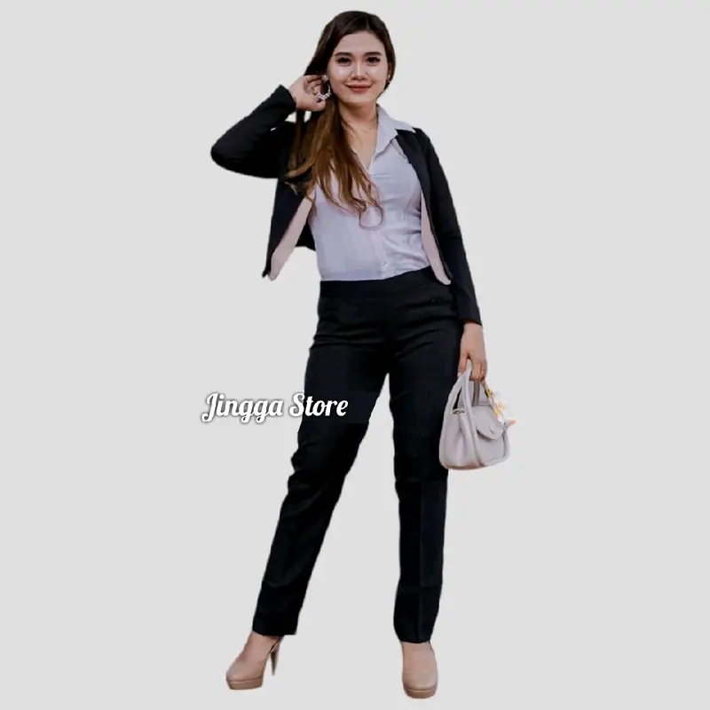 Celana kain formal wanita pinggang karet elastis warna hitam abu navi coklat muat sampai bb 75 Panjang Katun Kulot Linen Bawahan Navy 3