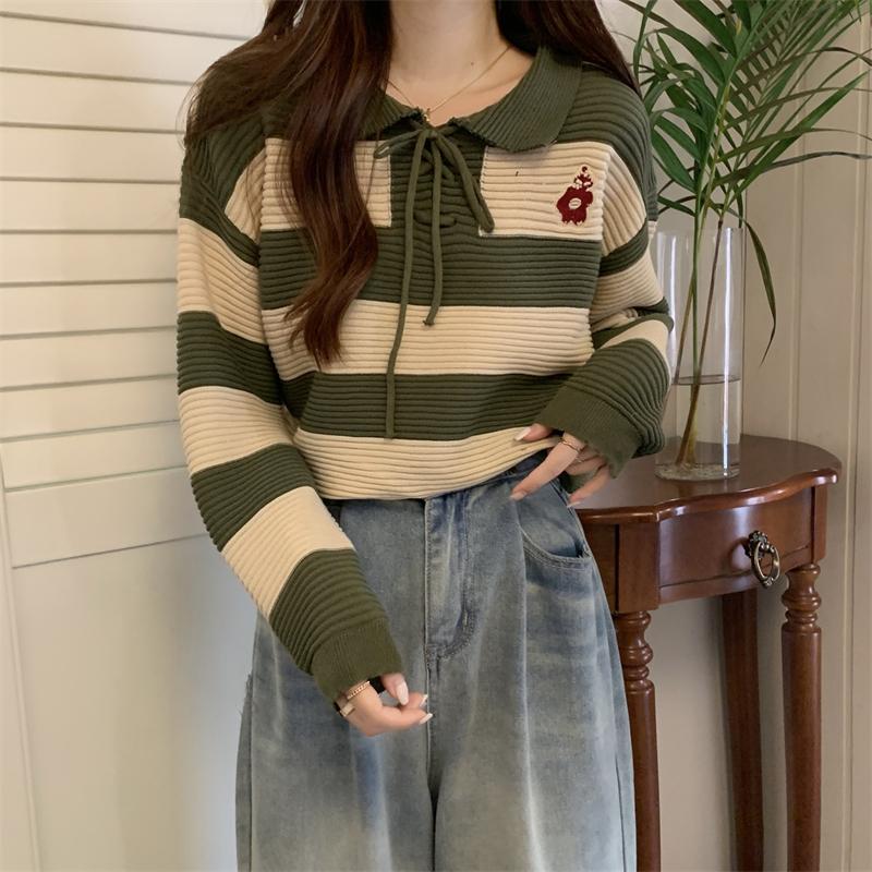 💥[A096] Áo len thun nữ Montoghi hàng dệt kim cổ áo POLO kẻ sọc retro có DÂY RÚT CỔ và LOGO HOA đơn giản trẻ trung - L2M (Top nữ Women Nhung ) 【 hoa hồng 】 8