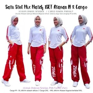 Setelan Senam Olahraga 1Set Mix Atasan N Putih  list Merah dengan Celana Senam Cargo Zumba Merah lis Putih bahan Parasut Size Lengkap