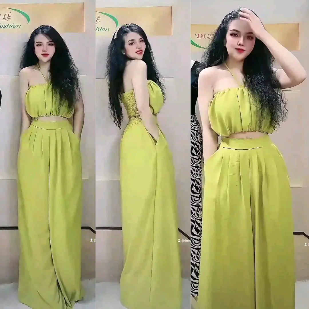 Set TK Đũi L1 ko nhăn Áo Crop bo lưng Quần ống rộng xoè giả váy 103cm Nữ