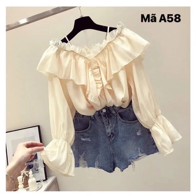 Áo sơ mi kiểu màu kem cổ bèo điệu đà phong cách Hàn Quốc, tay dài chun nhúm Top Nữ