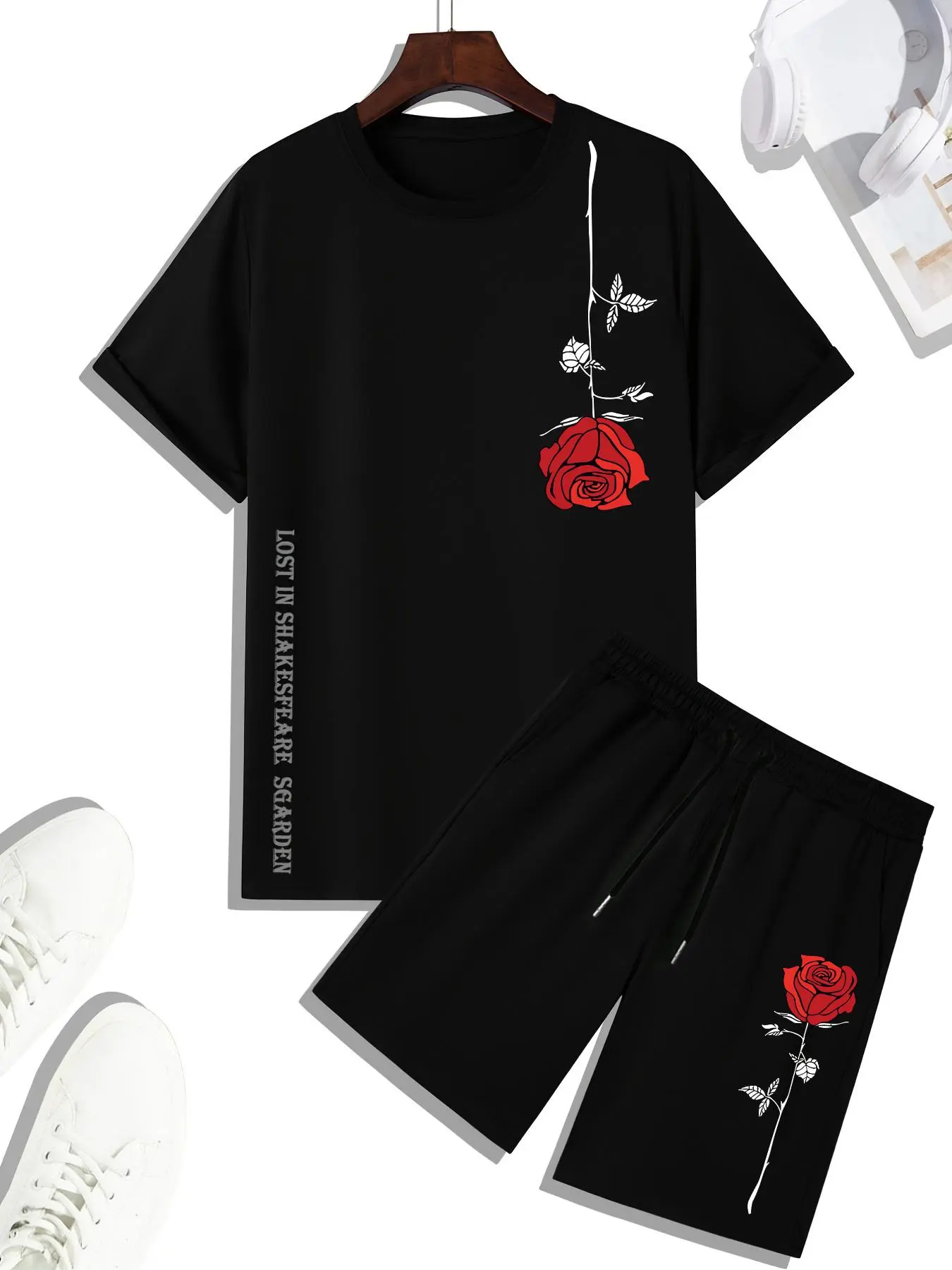 Two Pieces Men's Floral Print Tee & Drawstring Waist Shorts Set, Regular Fit Round Neck Short Sleeve T-shirt & Elastic Waist Track Shorts, Casual Cozy Outfits for Summer