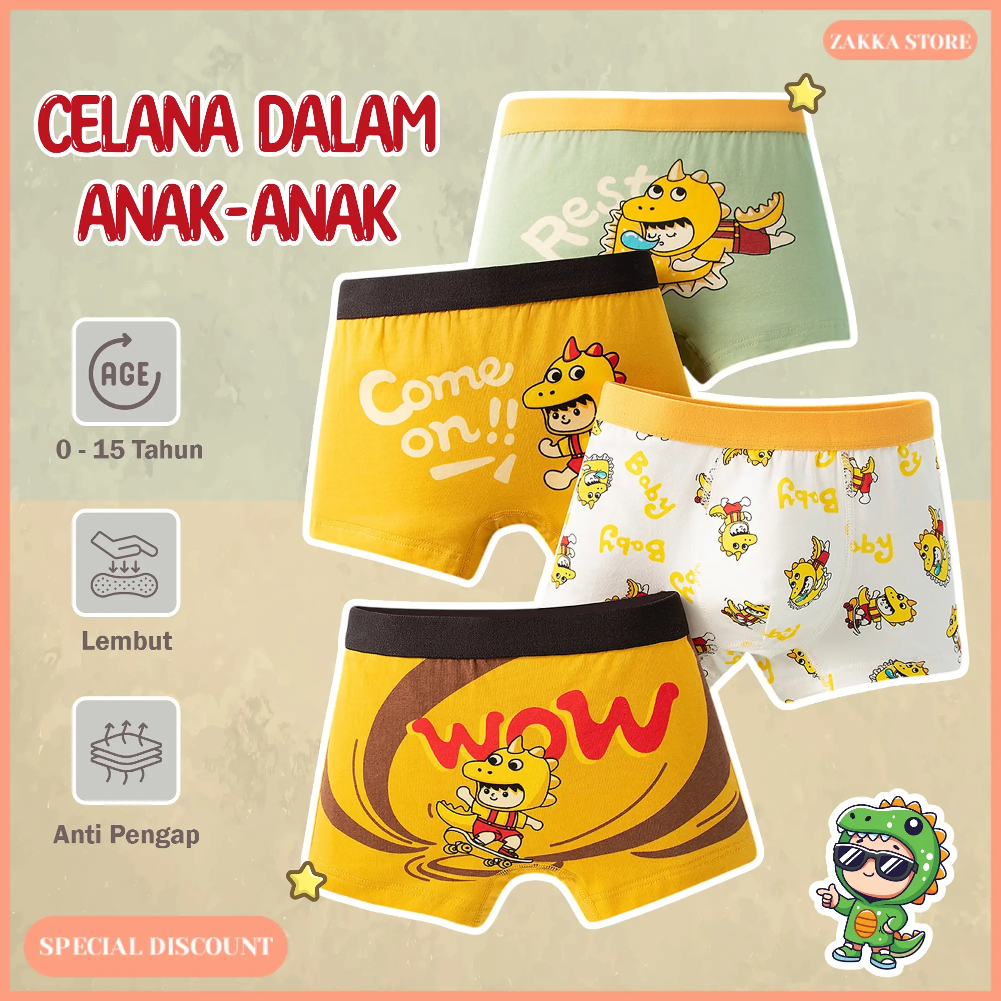 Zakka Store Celana Dalam Anak Laki-Laki 0-15 Tahun | Isi 4pcs Katun Lembut | Celana Dalam Motif Kartun
