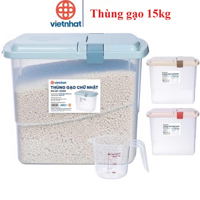 Thùng đựng gạo - Hộp để gạo kèm cốc đong gạo 15kg nhựa Việt Nhật. Hộp chứa gạo có nắp kín chống côn trùng bảo quản thực phẩm