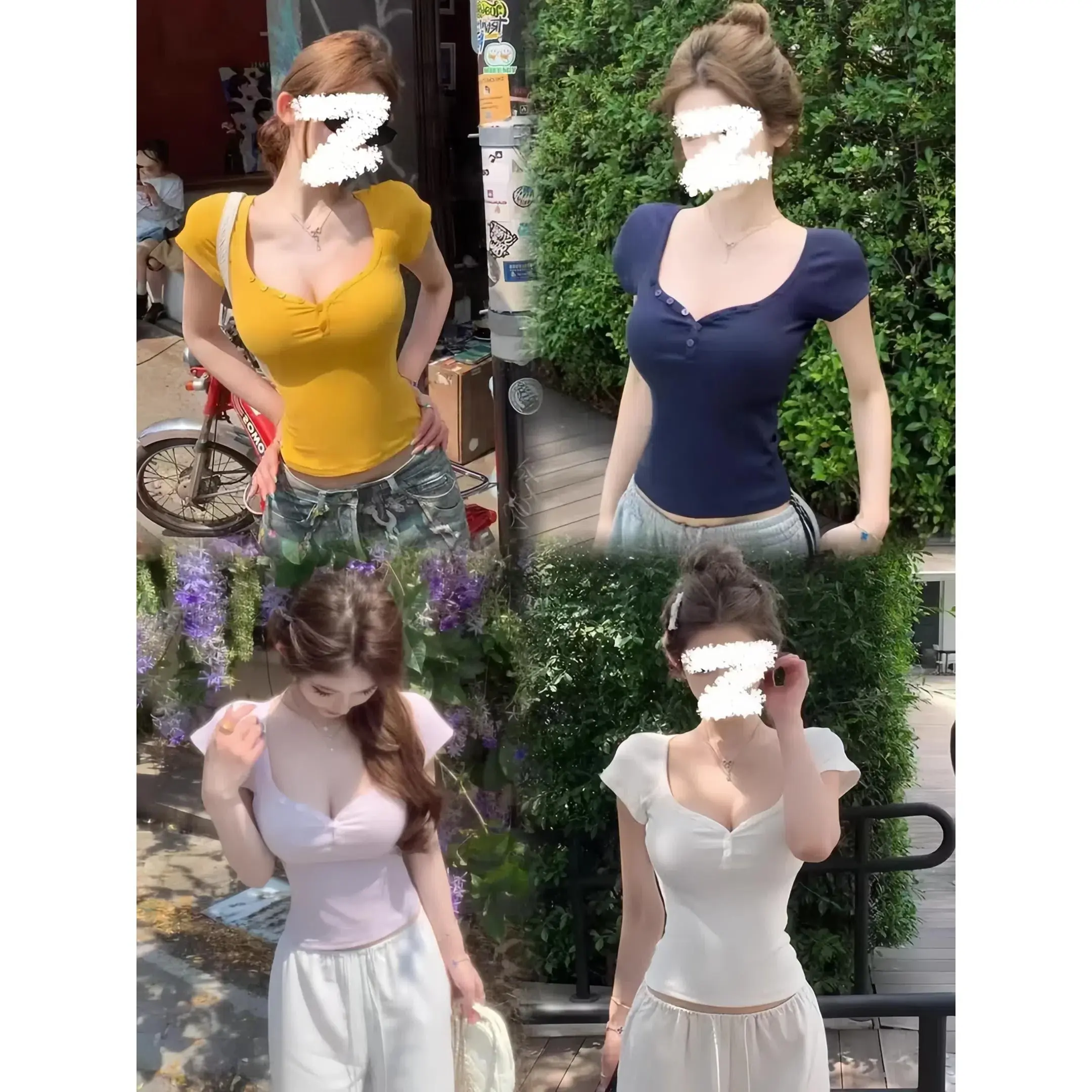 V-neck spicy girl slim-fit top. Pure and alluring, with a proper shoulder line, heart-shaped neckline short-sleeved T-shirt for women, suitable for summer.