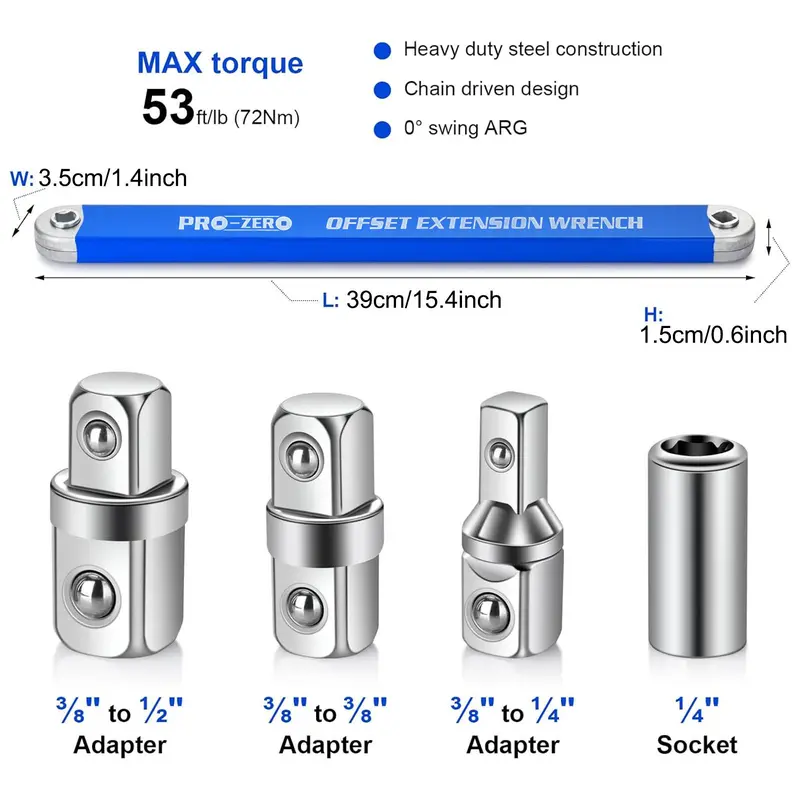 3/8" Offset Extension Wrench Set, Including 1/2" & 1/4" & 3/8" Square Drive Adapters, 15" Impact Ready Socket Wrench Tool, Gift 2