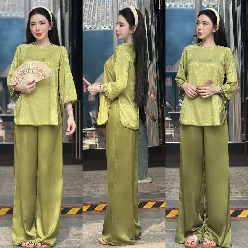 S11 - Set Lam Tay Lở Đính Ngọc Trai Xẻ Lai Vẹt Bầu Áo Voi