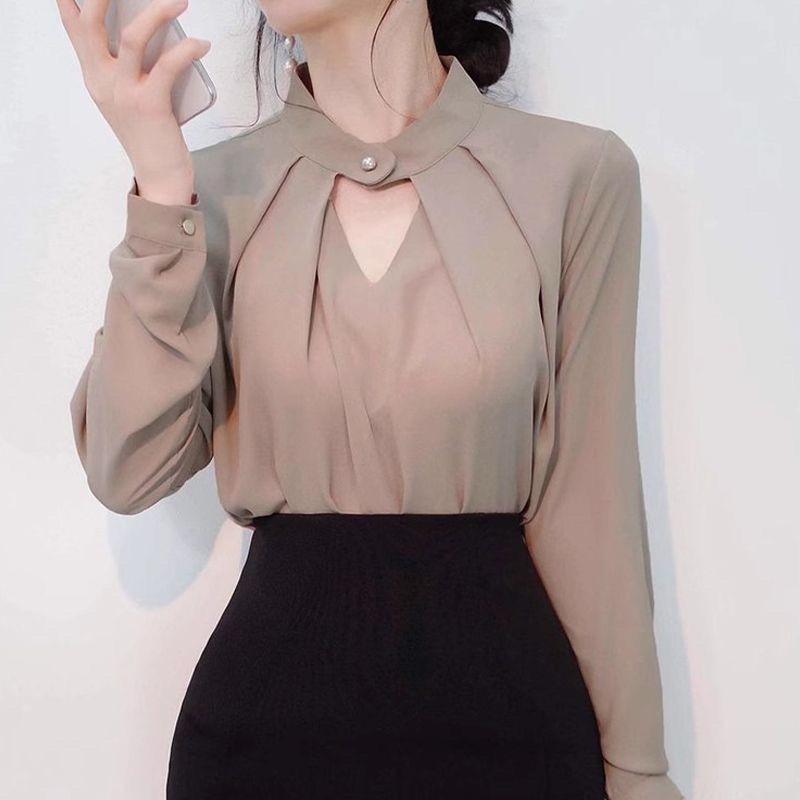Áo Sơ Mi Dài Tay Màu Trơn Cho Nữ, Áo Sơ Mi Đế Gợi Cảm Mới, Áo Sơ Mi Nhỏ, Áo Trượt Trên Đầu, Khăn Quàng Cổ Thanh Lịch 4