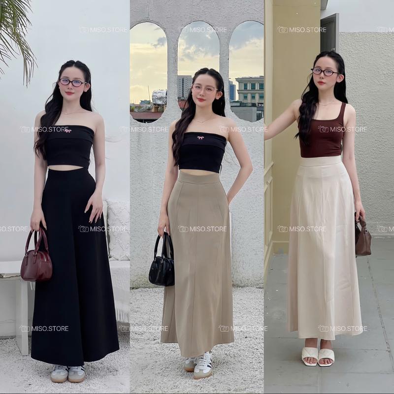 Chân váy xoè công sở cạp cao dáng dài 90cm vải mềm rủ 001