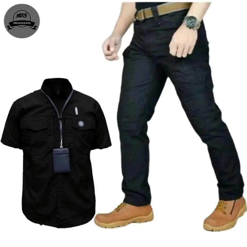 Setelan Kemeja dan Celana Tactical Blackhawk M-TAC Pendek untuk Pria wanita Hitam