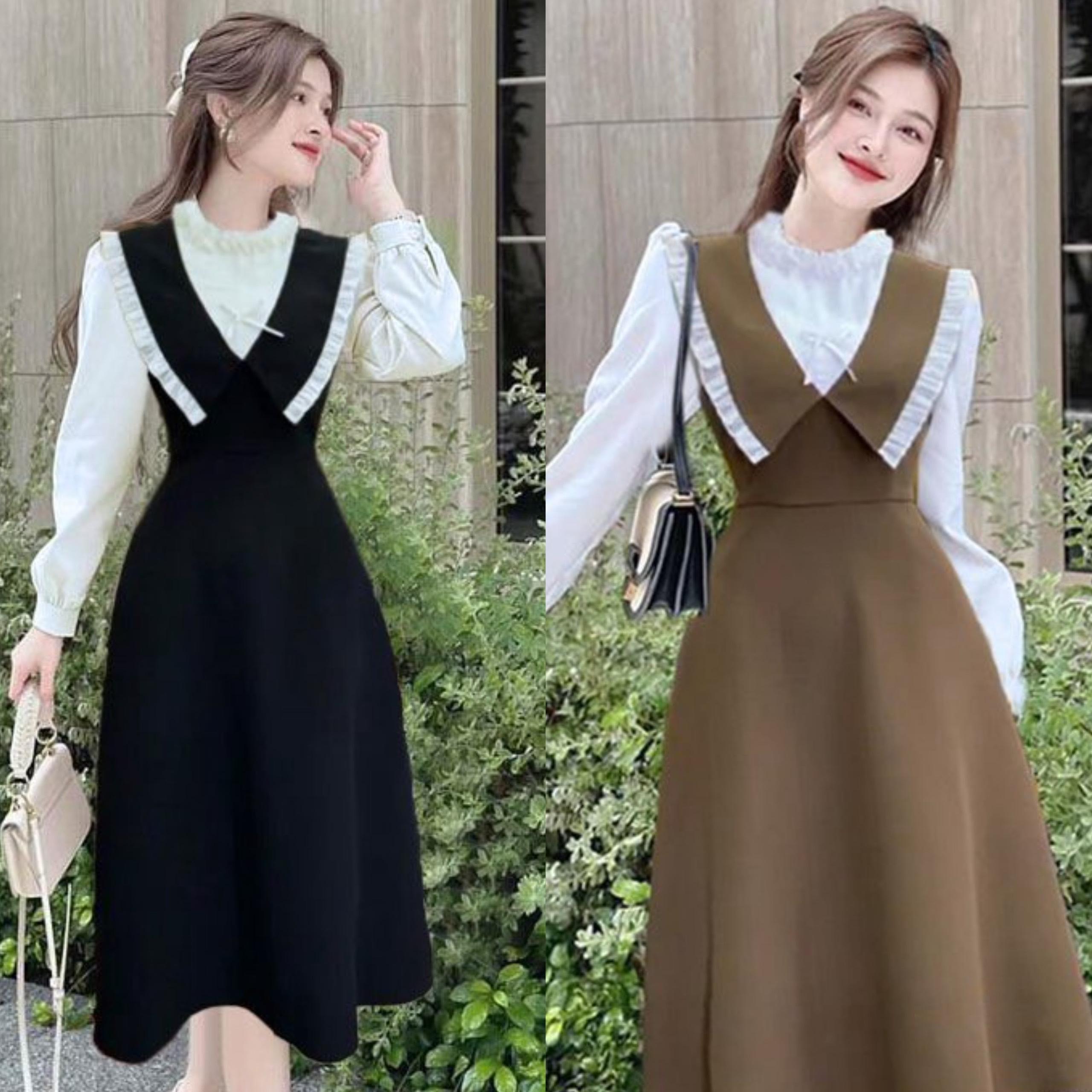 Váy Dự Tay Dài Cổ Bèo Nhọn Vải Cotton Lạnh Phối Lụa Bigsize  50 - 100Kg Dễ Thương Nữ Cotton Dress Đầm Đen Women Tay Loe - A.1253
