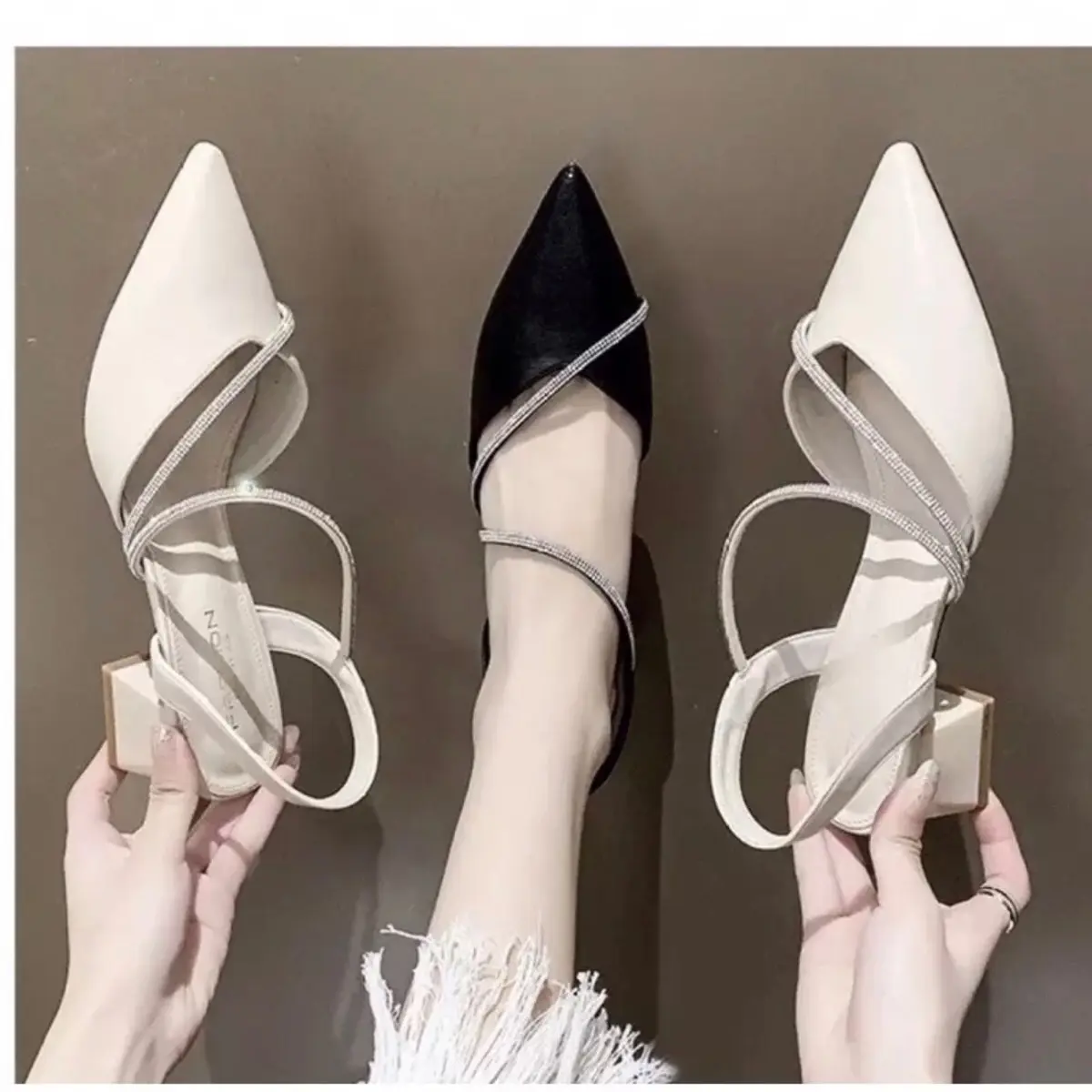 Giày cao gót 5p bít mũi dây đính đá chéo Nữ Shoes