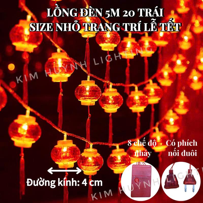 Dây đèn led lồng đèn đỏ giả pha lê, lồng đèn khía, dây đèn pháo kiểu trang trí lễ Tết 5m 20 đèn (cắm điện)