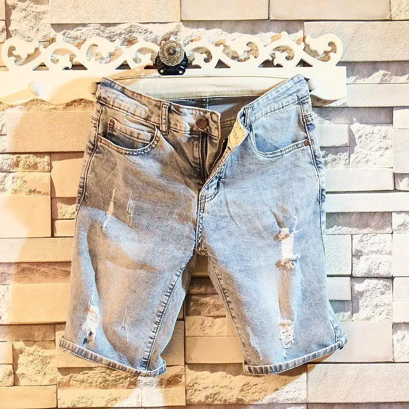 Summer New Elastic Five-Point Denim Shorts Men's Fashion Brand All-Matching Ripped Slim Straight Casual Pirate Shorts