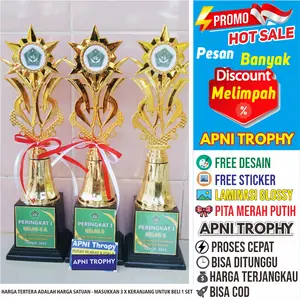 Trophy Piala Lomba Juara 1 2 3 Set Free Desain Stiker + Hiasan Pita Merah Putih