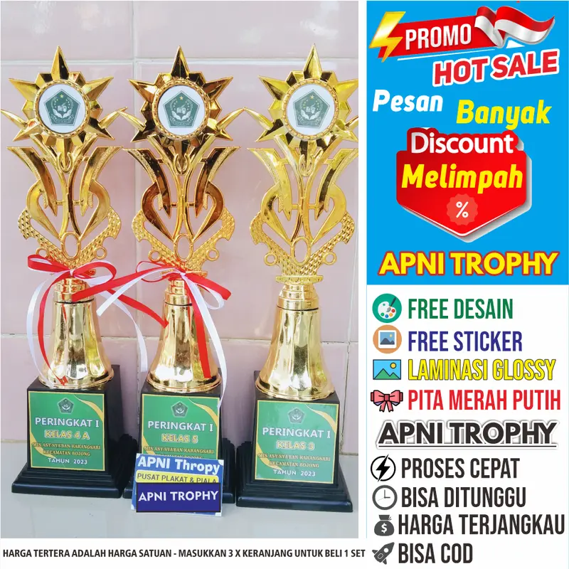 Trophy Piala Lomba Juara 1 2 3 Set Free Desain Stiker + Hiasan Pita Merah Putih 0