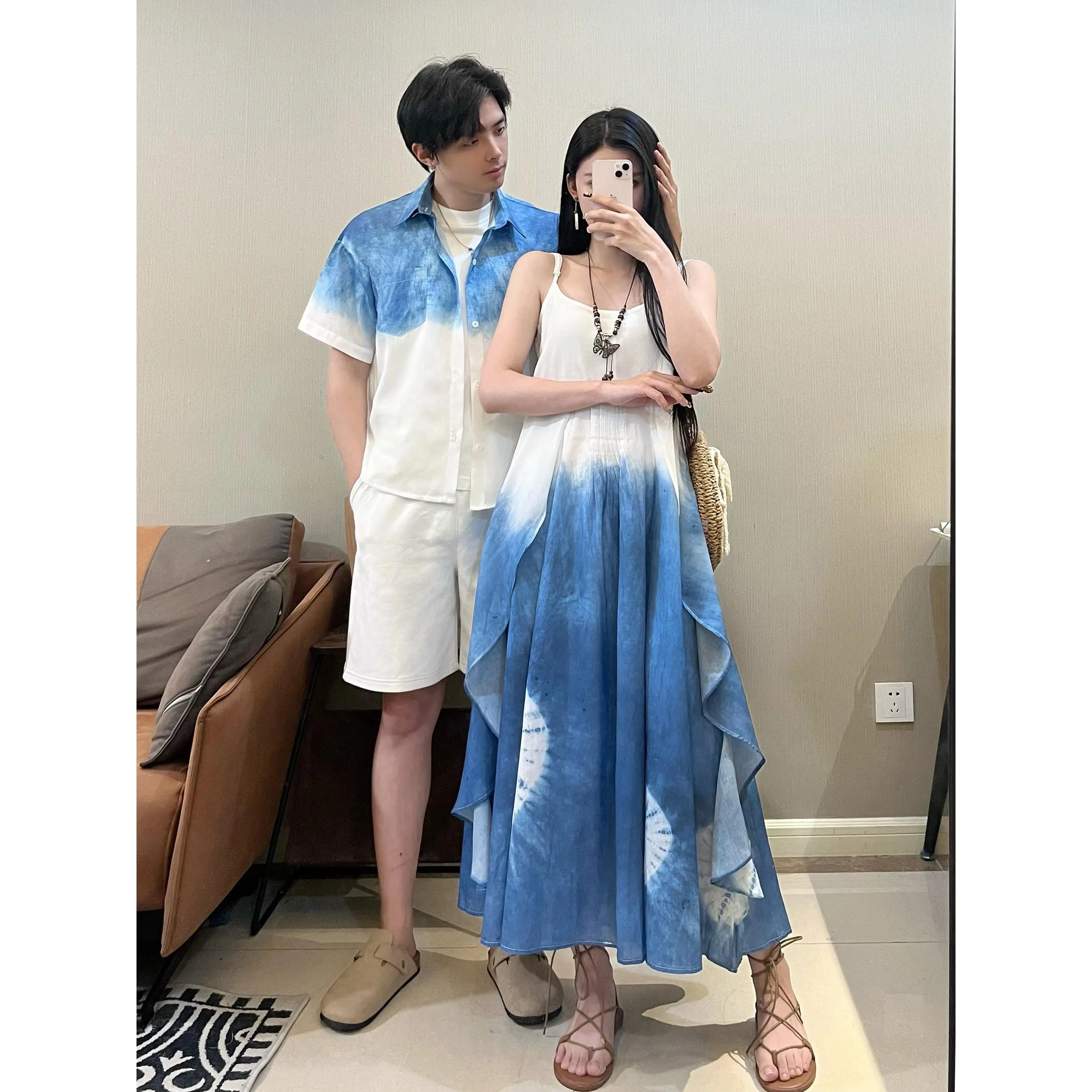Trang Phục Cặp Đôi, Phong Cách Ngày Lễ, Phong Cách Mới Của Kỳ Nghỉ Bờ Biển, Phong Cách Dân Tộc, Váy Hai Dây Nhuộm Cà Vạt Váy Dài Đi Biển Cao Cấp Mùa Hè