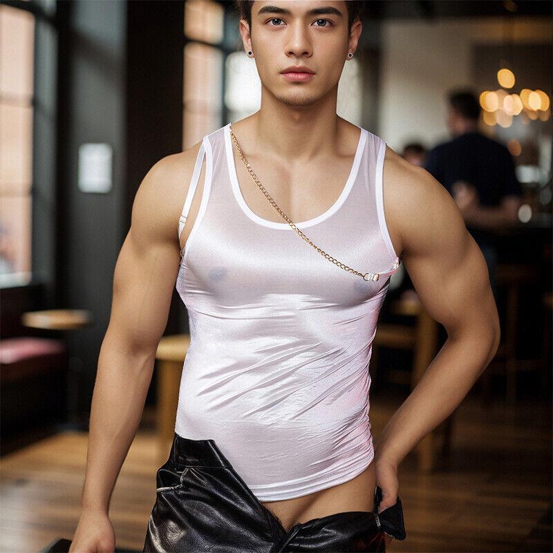 Men Tight Metal Chain Tank Top Silky Fitness Slim Top See Through Workout Vest 7
