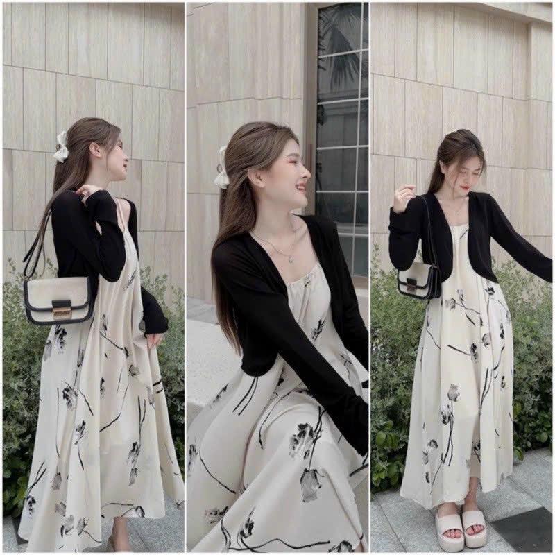 Set váy bầu thu đông 2 chi tiết cực xinh, đầm bầu voan lụa mix cadigan mong Dài Tay