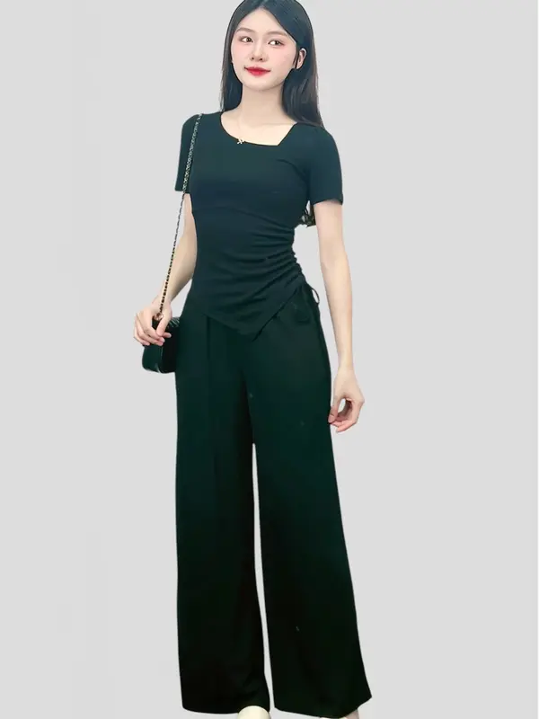 [Set Cổ Lệch Cộc Tay 02] Bộ Set Cổ Lệch Nhún Eo Ngắn Tay Kèm Quần Suông Chất Thun Tăm cho Nữ Jima 121 Women - Áo, Top 4