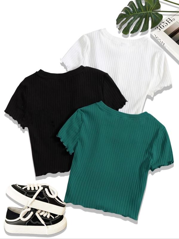 Women's Solid Lettuce Trim Round Neck Ribbed Tee, Casual Short Sleeve Crew Neck T-shirt for Summer, Fashion Women's Top for Daily Wear 1