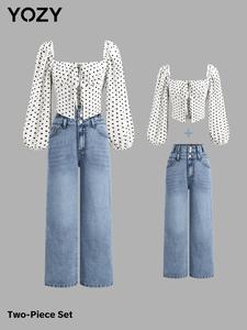 YOZY Women's Polka Dot Print Blouse & Plain Denim-Effect Print Pants Set, Women's Clothes for Daily Wear