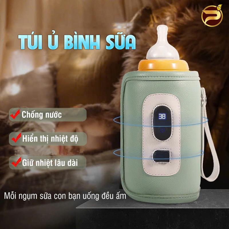 Túi Ủ Bình Sữa Di Động USB Bằng Da Hiển Thị Nhiệt Độ, Chống Thấm Nước, Điều Chỉnh 5 Mức, Có Dây Sạc Đi Kèm Kem Máy Tiệt Trùng