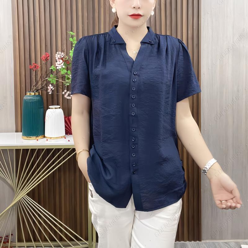 Áo Kiểu Nữ Tay Ngắn Mùa Hè Mới Mẻ Mát Mẻ Women Top Nhung Sơ Mi Shirt Cổ Tròn