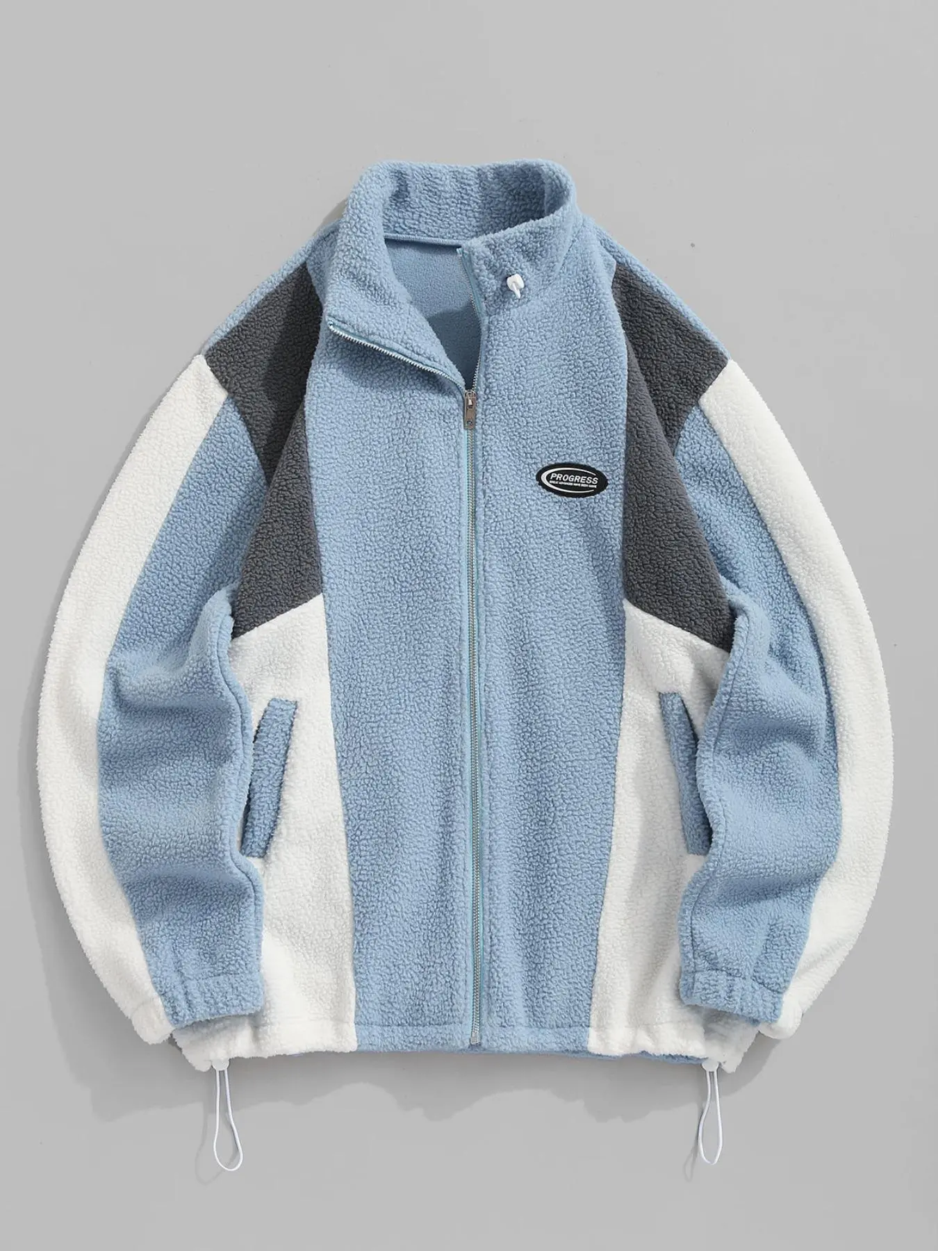 Men's Colorblock Patched Pocket Zip Up Fleece Jacket, Loose Casual Long Sleeve Stand Collar Outerwear for Fall & Winter, Men's Clothes for Daily Wear