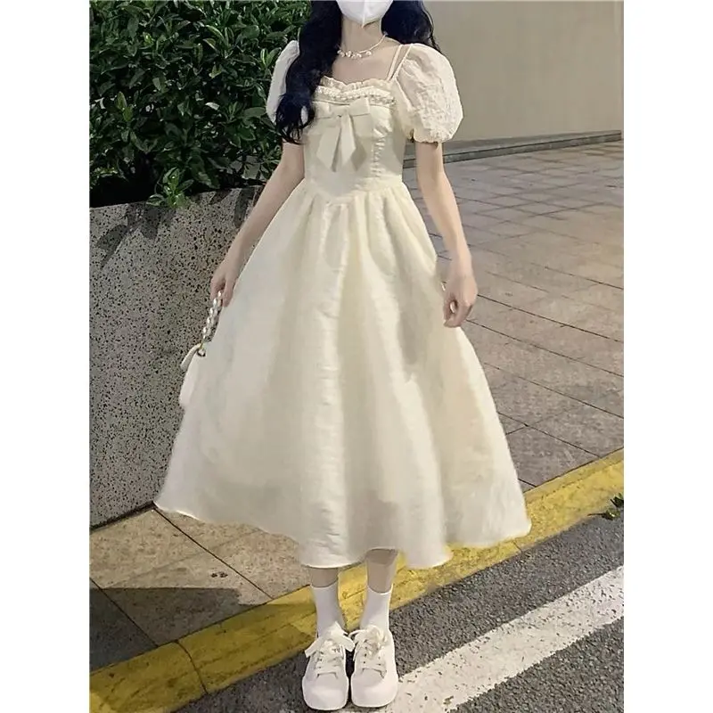 Váy Nơ Cổ Vuông Tay bồng Cổ Vuông puff sleeve Váy Công Chúa Quấn Phong Cách Ngọc Trai Mùa Hè Cho Nữ, Váy Dài Trung Bình Có Lớp Lót Bên Trong, Dây Kéo Vô Hình Váy Dài Cho Nữ, Ootd, 2024 Women Dress khuy voan