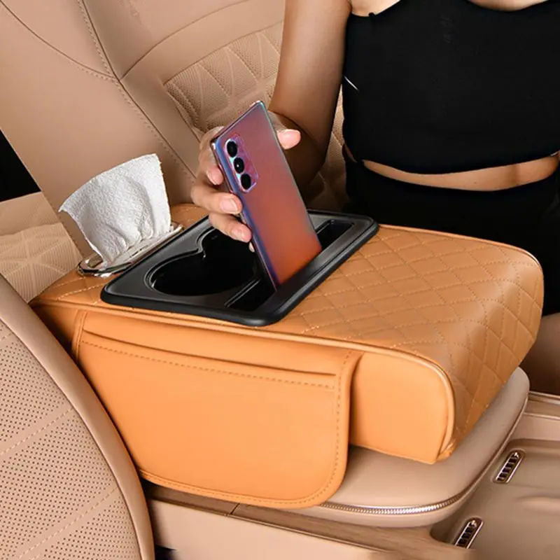 Car Center Console Armrest Pad with Cup Holder, Comfortable Car Armrest Cover with Side Storage Pocket, Universal Car Interior Accessories for Women & Men 0