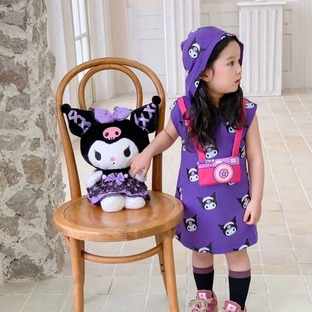 Girls' Clow M Western Style Hooded Casual Dress 2024 Summer Full Printed Cartoon Baby Girl Fashionable Children Shirt Fashion