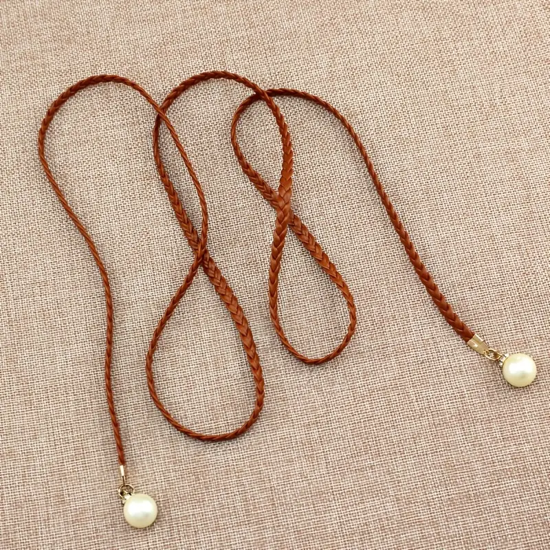 [1pc Elegant Braided Belt] 1pc Elegant Women's Braided Waist Rope Belt with Classic Pearl Pendant | Vintage Sweet Style, Non-Washable, Perfect for Dresses, Wedding Belt, Available in Black, Pink, Red, Brown 6