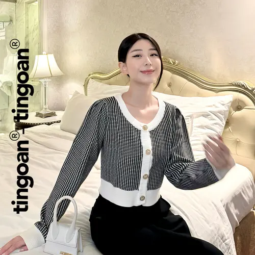 TINGOAN - Áo set len xù cardigan lửng quây 2 dây kẻ caro nhỏ vai bồng LOULOU CARDIGAN/BL