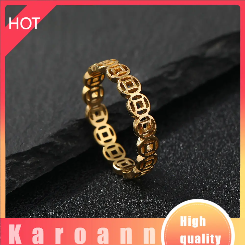 Retro jewelry, hollowed-out lucky copper coins, transshipment index finger titanium steel ring, geometric personality retro couple ring Cincin Wanita Cincin Lelaki,Gold plated silv