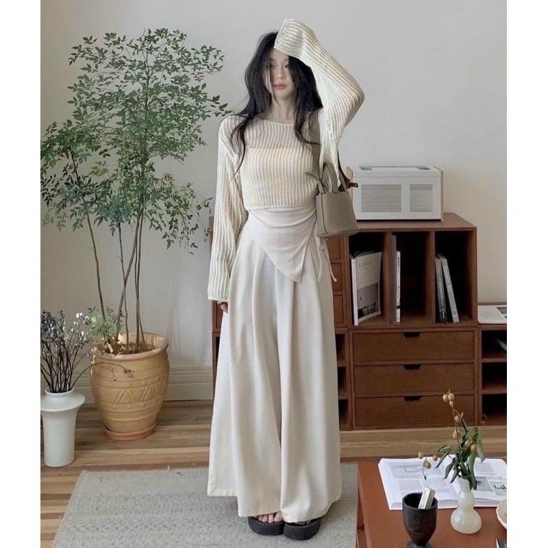 Mèo Mỡ Bigsize — Set bộ quần dài ống xuông kèm áo lưới khoác màu be và áo yếm bigsize tay dài dáng dài thân người bigsize thời trang nữ 60-90kg