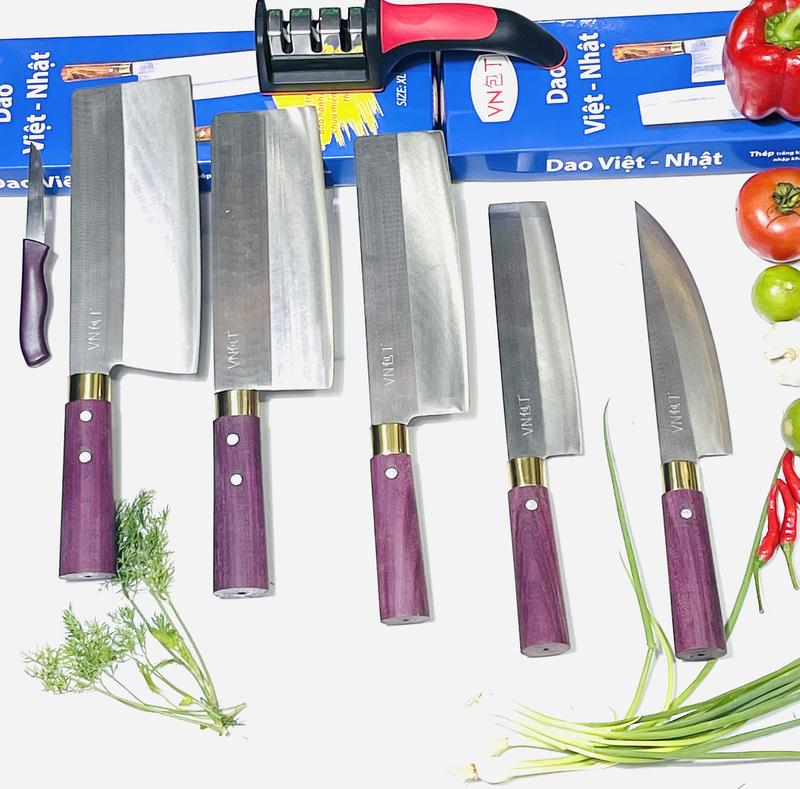 combo 5 dao nhà bếp thép trắng chống rỉ cán gỗ cẩm tím 2