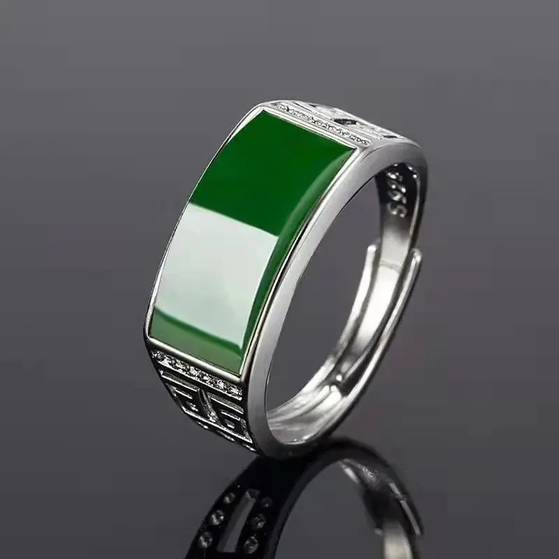 New Real Green Natural Hetian Jade Ring 925 Sterling Silver Ring Couple Rings Men Women Jewelry Lucky Stone Jade Finger Ring